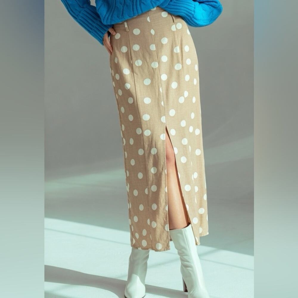 Zara NWT Tan white Polka Dot Midi Skirt Linen Blend XS